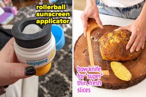 Two images: Left shows a hand using a rollerball sunscreen applicator. Right depicts a hand slicing bread with a bow knife