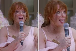 woman covered in dirt giving speech at a wedding