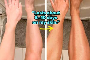 self tanner before and after images and quote "Lasts about 8–10 days on my skin"
