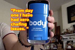 reviewer holding blue tube of body anti-chafe balm with quote: "from day one I have had zero chafing issues."