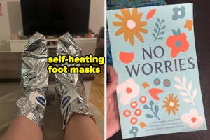 Person wearing self-heating foot masks; a 'No Worries' journal with floral design