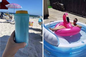 Left: Hand holding a branded insulated tumbler at the beach. Right: Person relaxing on a flamingo float in a small pool