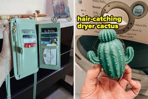 A hand holding a phone-wallet case with cards and a hair-catching dryer lint cactus