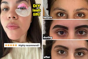 reviewer doing a diy lash lift treatment / reviewer showing before, during, and after tinting their eyebrows