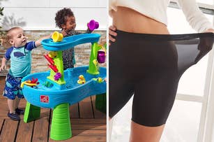Two images: left, a child plays at a water table; right, a person models form-fitting black shorts