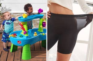 Two images: left, a child plays at a water table; right, a person models form-fitting black shorts