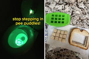 a reviewer's toilet with a lit-up bullseye "stop stepping in pee puddles"/ a reviewer's sandwich cut into perfect cubes