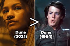 Side-by-side comparison of characters from films "Dune (2021)" and "Dune (1984)"