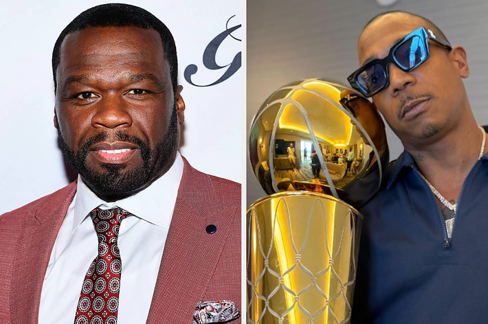 50 Cent in a suit at an event; Master P next to a golden basketball trophy