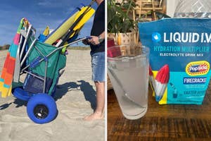 Person with beach cart packed with chairs and towels; Glass of water beside a packet of Liquid I.V. Hydration Multiplier