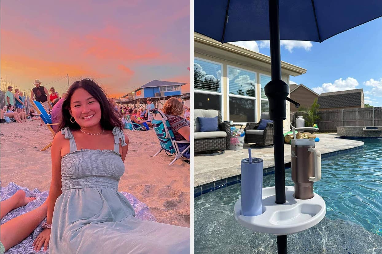 Left: Person seated by pool at sunset. Right: Outdoor umbrella stand with attached tray holding drinks