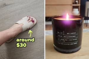 Foot in $30 sandals / a lit candle