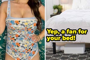 Woman in floral swimsuit beside ad showing under-bed fan with text "It's reversible!" and "Yep, a fan for your bed!"