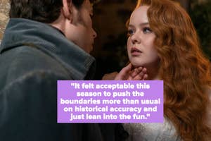 Two characters from a TV show in a close moment with a quote about historical accuracy on screen