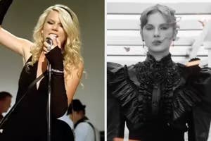 On the left, Taylor Swift in the Our Song music video, and on the right, Taylor in the Fortnight music video