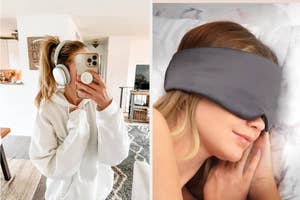 Two images: On the left, a person in a white robe holds skincare products. On the right, a person sleeps with a gray sleep mask