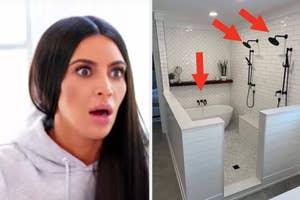 Woman with surprised expression beside photo of a bathroom highlighting shower design features