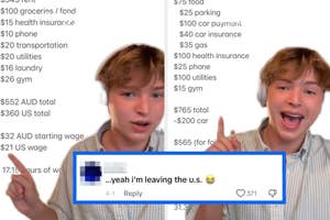 Two individuals compare cost of living; text overlay details expenses in Australia vs. the US; Julian comments on relocating
