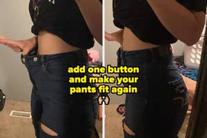 a reviewer's jean before with large gap and after fitting much better "add one button and make your pants fit again"
