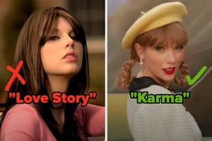 On the left, Taylor Swift with a dark wig in the You Belong With Me music video incorrectly identified as Love Story, and on the right, Taylor Swift smiling in the Karma music video, correctly identified as the Karma music video