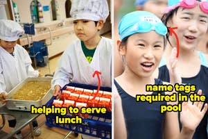 Two scenes: children serving lunch in a kitchen, and kids with name tags at a pool, highlighting cultural practices