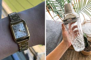 A wristwatch on a person's arm and a hand holding a crystal cocktail shaker