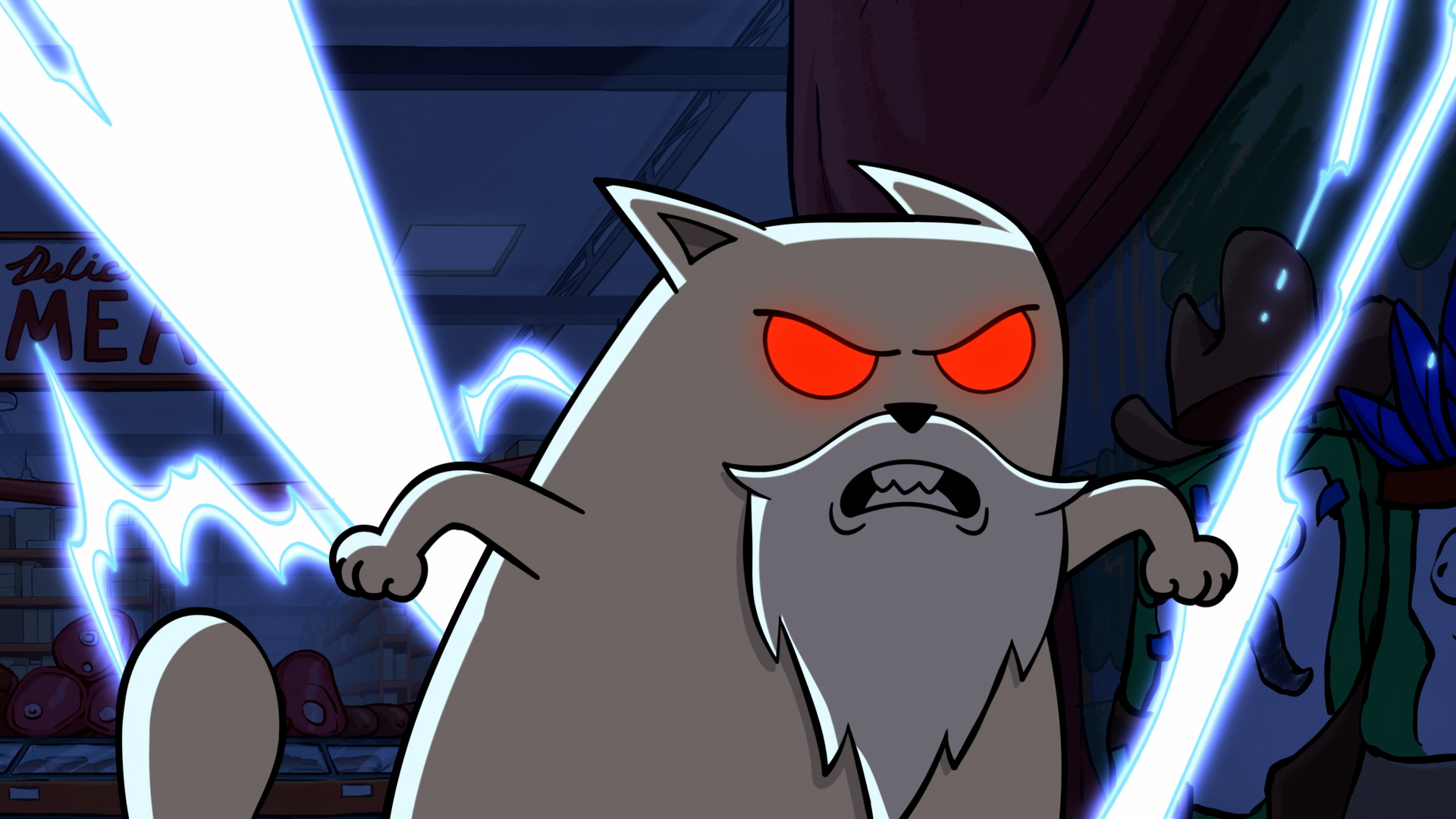An animated angry white cat with glowing red eyes in a still from Exploding Kittens