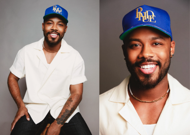 Two portraits of a man in a white shirt and blue cap with logo, showing different poses and expressions