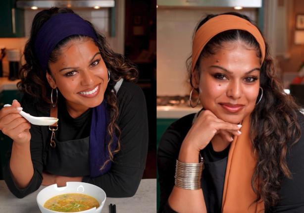 Woman with headband smiling, holding spoon near a bowl in one photo; resting chin on hand in the other