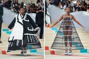 Two side-by-side photos of a celebrity in a unique black and white outfit with an intricate headpiece on a staircase at an event
