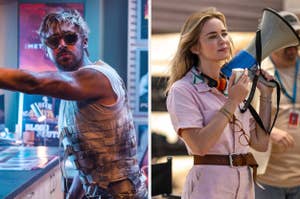 Ryan Gosling with sleeveless shirt and sunglasses; Emily Blunt with megaphone on film set