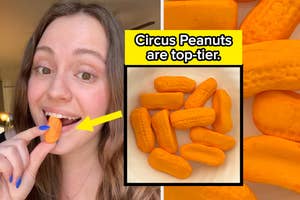 Woman smiling, holding a Circus Peanut candy; inset of candies with text "Circus Peanuts are top-tier."