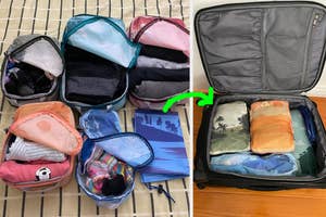 Packing cubes organized with clothes inside a suitcase demonstrating efficient space use for travel