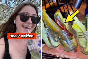 woman with a cup smiling holding a tea with the text "tea>coffee" then an image of a flight of various pickles