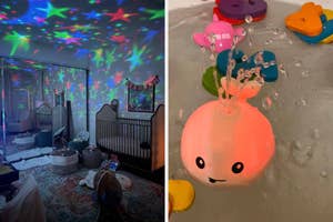 A projector casts a starry sky indoors, and a child's room with toys. A close-up of a toy octopus in water with bubbles