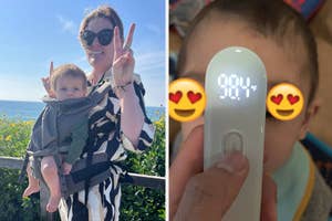 Person with a baby in a carrier, giving peace sign, next to a child holding a digital thermometer showing a smiley face