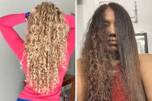 reviewer's curly hair and reviewer before and after using Color Wow