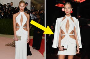 Karlie Kloss in a white cut-out dress and blazer at an event, clutch in hand