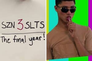 Image features a handwritten sign reading "SZN 3 SLTS - The final year!" and a person in a beige top posing with a lollipop