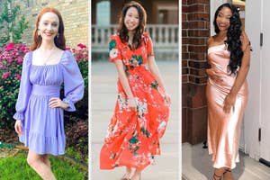 Three women modeling different styles of knee-length dresses suitable for spring