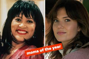 Side-by-side image of Jackée Harry in "Sister, Sister" and Mandy Moore in "This Is Us," text: "moms of the year"