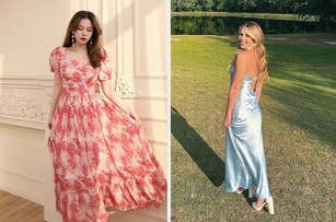 Two women in stylish dresses, one in a floral print dress, the other in a satin slip dress, posing in outdoor settings