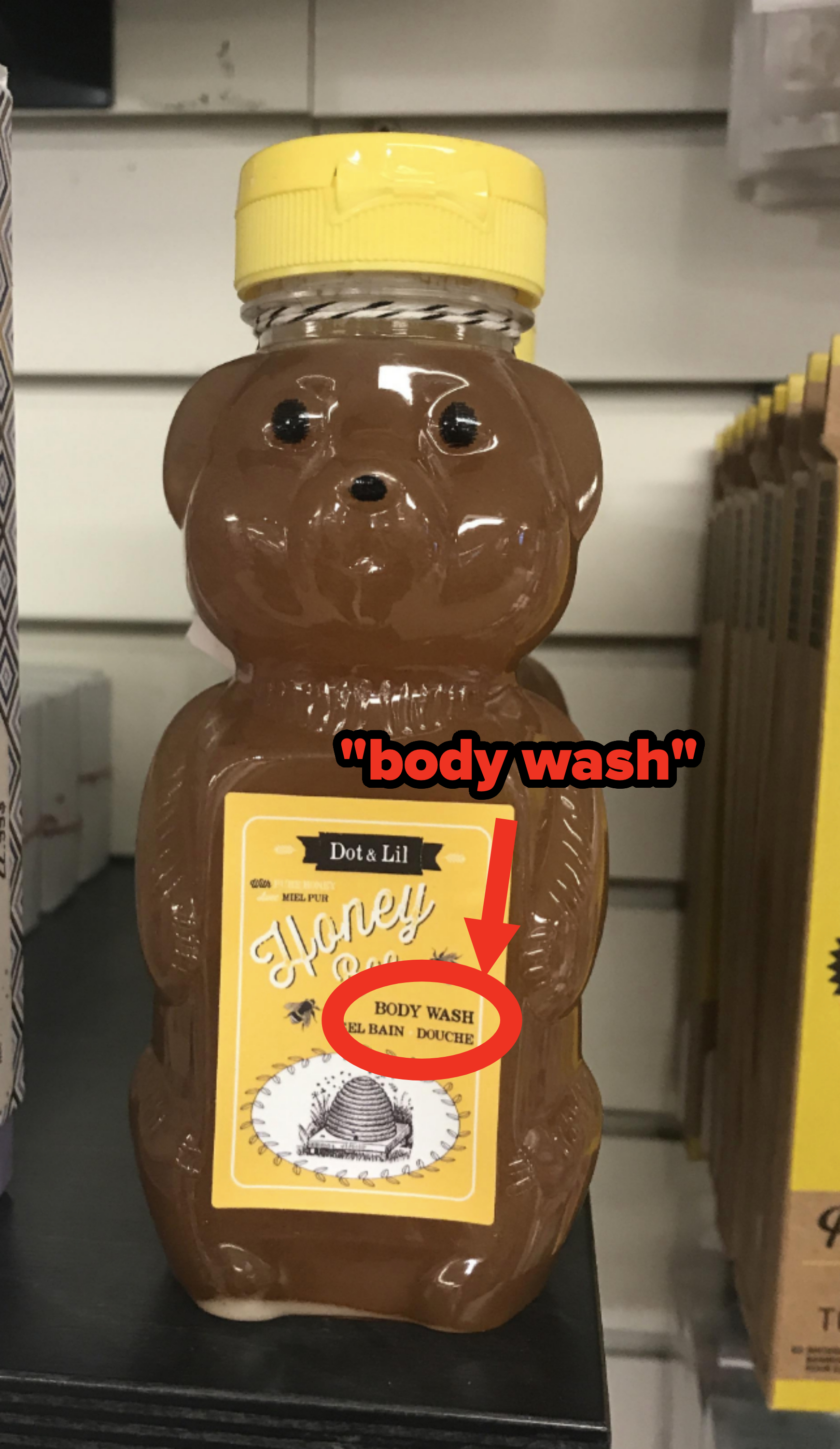 Bear-shaped honey bottle repurposed as body wash container on a shelf