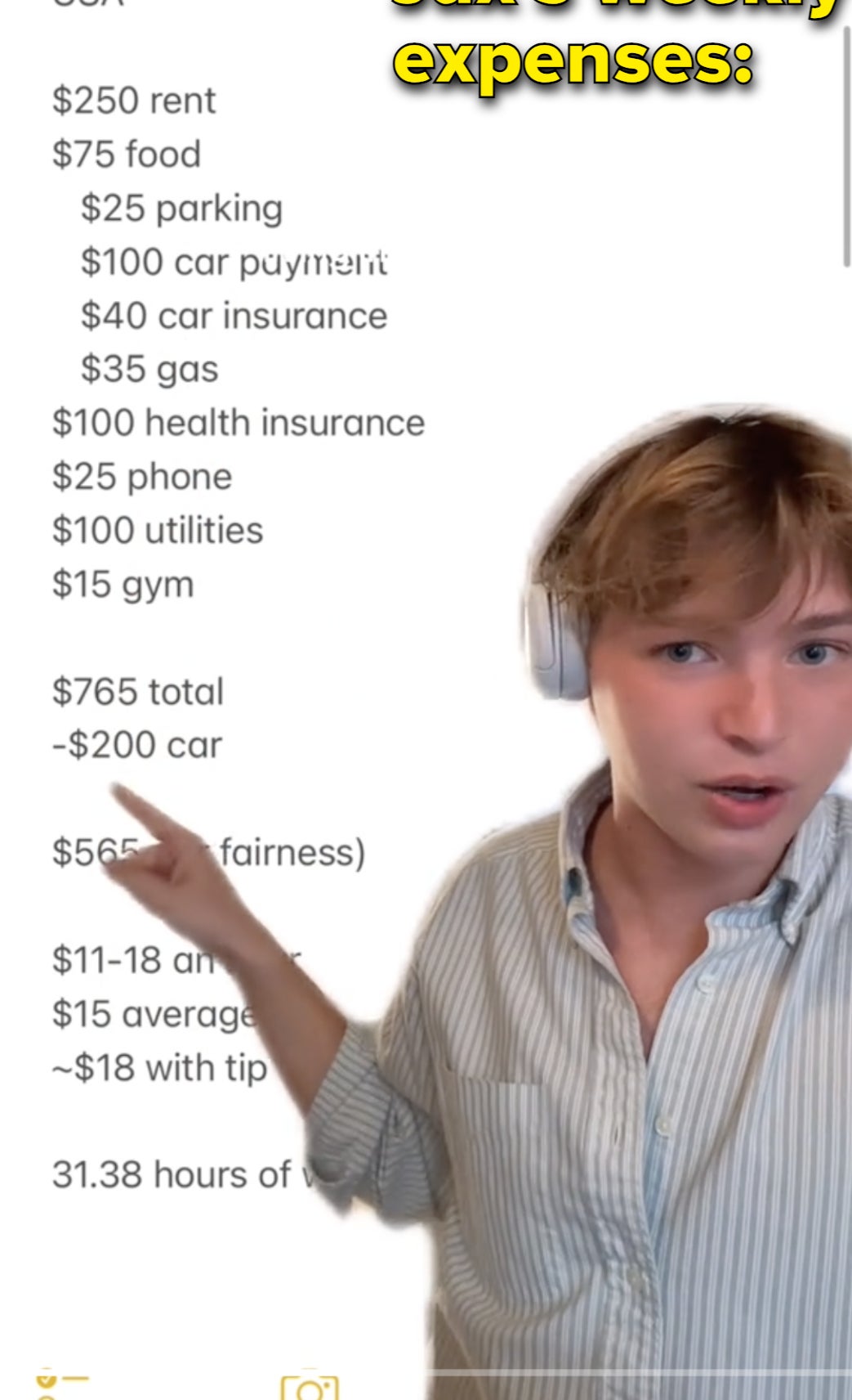 Person presenting a cost breakdown for living expenses, educating about financial planning