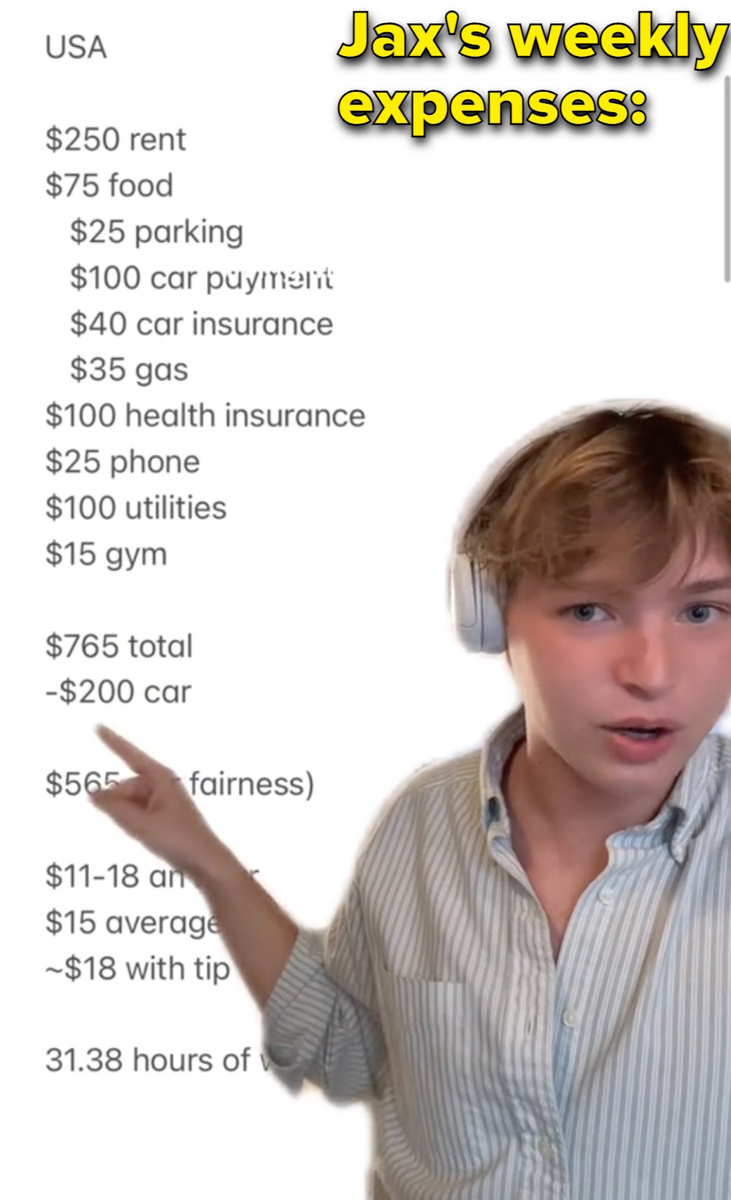 Person presenting a cost breakdown for living expenses, educating about financial planning
