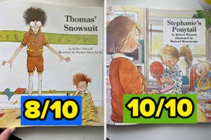 Illustrated pages from children's books "Thomas' Snowsuit" and "Stephanie's Ponytail" with ratings 8/10 and 10/10