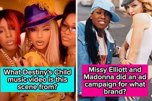 Left: Destiny's Child members in music video attire. Right: Missy Elliott and Madonna in casual outfits for an ad