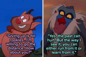 Two animated characters, Timon and Rafiki from The Lion King, with inspiring quotes