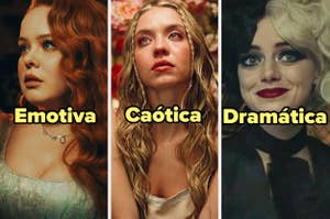Tres personajes femeninos de películas con etiquetas que describen su personalidad: Emotiva, Caótica, Dramática