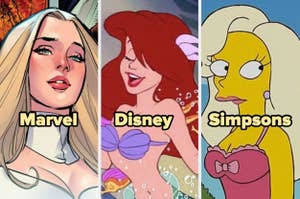 Personaje de cómic Marvel, princesa de Disney y personaje de Los Simpson posando